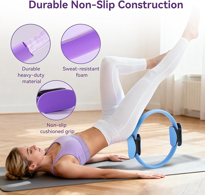 Pilates Kit for Women,15 Inch Magic Circle, 6 Multi-Level Resistance Bands,Yoga Ball Socks, Back Neck Stretcher ,14-Piece Full Body Toning Pilates Equipment for Beginners, 15 Min Daily Routine