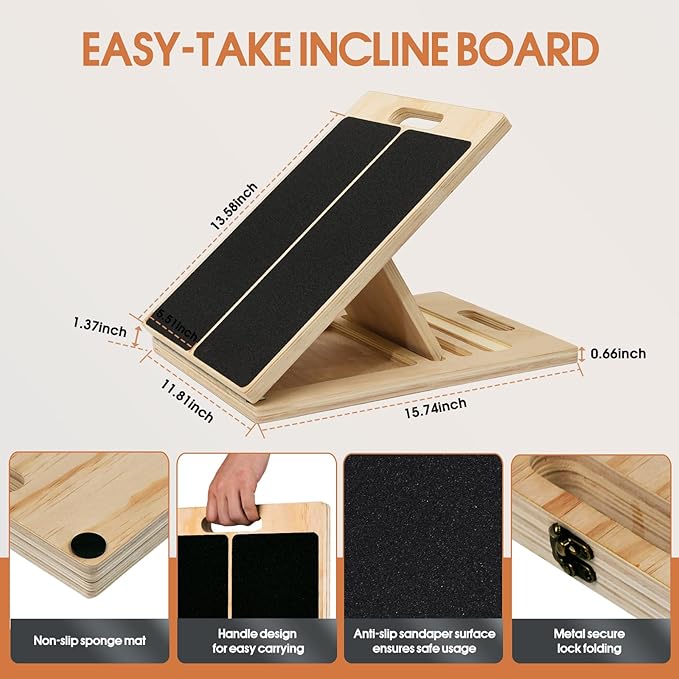 Incline Board for Calf Stretching Exerciser, Wooden Portable Adjustable Angles Slant Board, Anti-Slip Leg Muscle Stretcher for Thigh, Calf, Knee, Feet