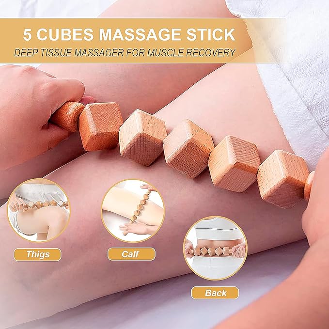 6-in-1 Wood Therapy Massage Tools with a Poly Bag – Lymphatic Drainage Massage Tools for Body Sculpting, Anti-Cellulite & Muscle Relaxation – Wooden Maderoterapia Kit for Face & Body Care