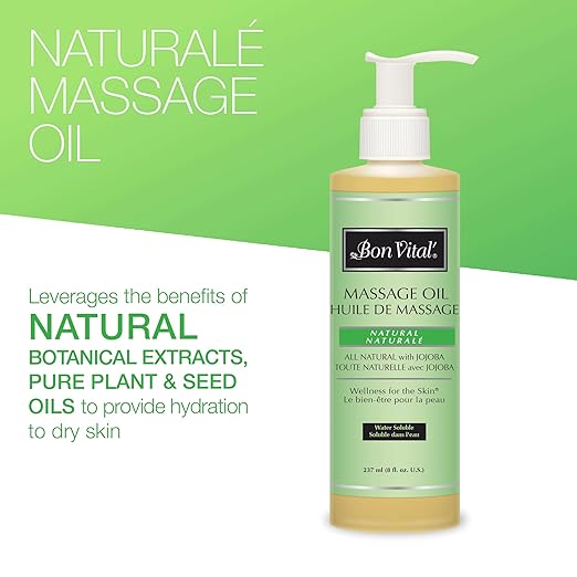 Bon Vital Naturale Massage Oil Made with Natural Ingredients for an Earth-Friendly Massage, Revives and Rehydrates Dry Skin Naturally, with Green Tea Extract, 8 Oz, Label may Vary