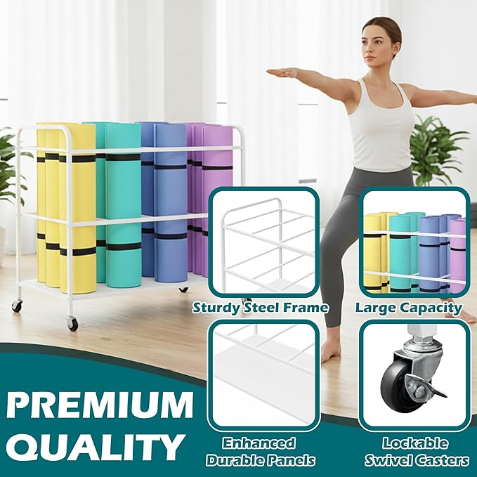 Yoga Mat Rack Storage Basket with Wheels,All-in-One Organizer for Yoga Mat Holder,Home Gym Equipment Storage Cart for Dumbbells, Kettlebells and Foam Rollers