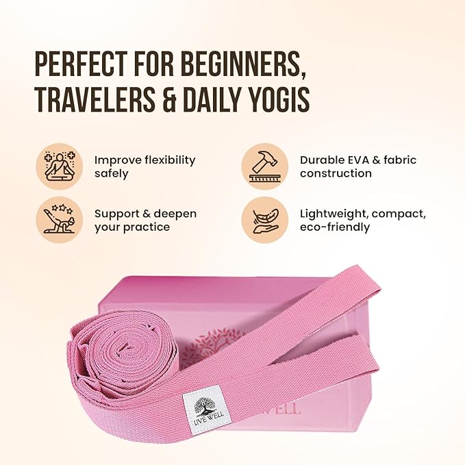 Live Well Starter Kit for Beginners – 2 EVA Foam Yoga Blocks (3x6x9 in) + 8ft Pink Yoga Strap with Loops – Yoga Accessories for Stretching, Balance, Alignment & Flexibility