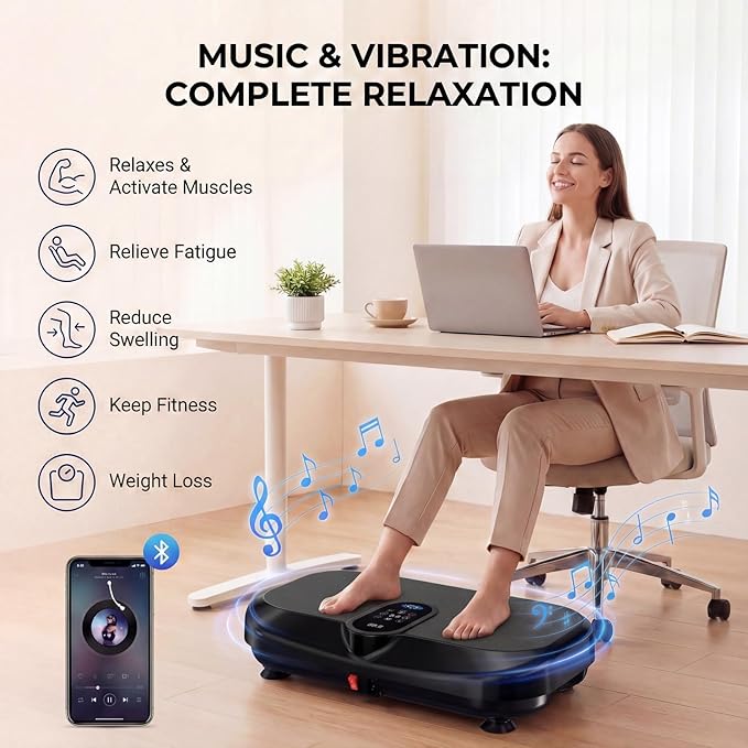 Vibration Plate Exercise Machine for Lymphatic Drainage & Weight Loss, Heated Vibrating Platform Full Body Workout Equipment, 440lb Capacity Home Gym Shaker Board with Bluetooth & Resistance Bands