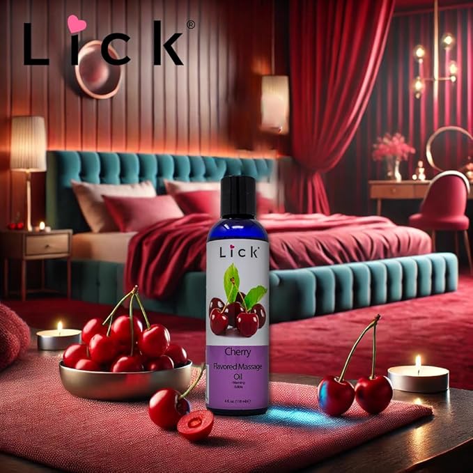 Lick Cherry Flavored Massage Oil – Bold Fruit Edible Massage Oil with Vitamin E, Rich Smooth Body-Safe Glide for Romantic Couples Massage Experiences, 4 oz