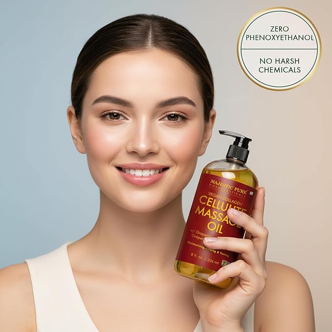 Majestic Pure Cellulite Massage Oil for Massage Therapy- Refreshing and Relaxing- Natural Oils with Grapeseed, Eucalyptus, Grapefruit & Lemon Oil- All Skin Types- Men and Women Massage Lotion- 8 fl oz