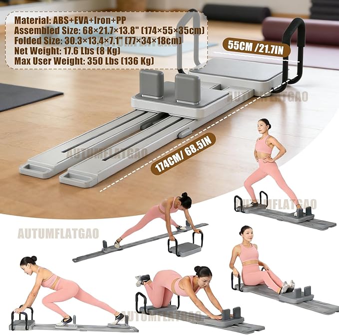 Pilates Board, 3 in 1 Pilates Ski Machine & Plilates Reformer, Multifuncional Portable Pilates Reformers Board for Home Workout, Combination 10+ Exercise Mode