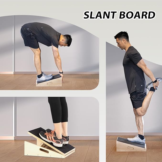 Multi-Function Wooden Slant Board & Balance Board, Adjustable Incline Board and Calf Stretcher,Stretch Board - Wide Anti-Slip Surface - Black