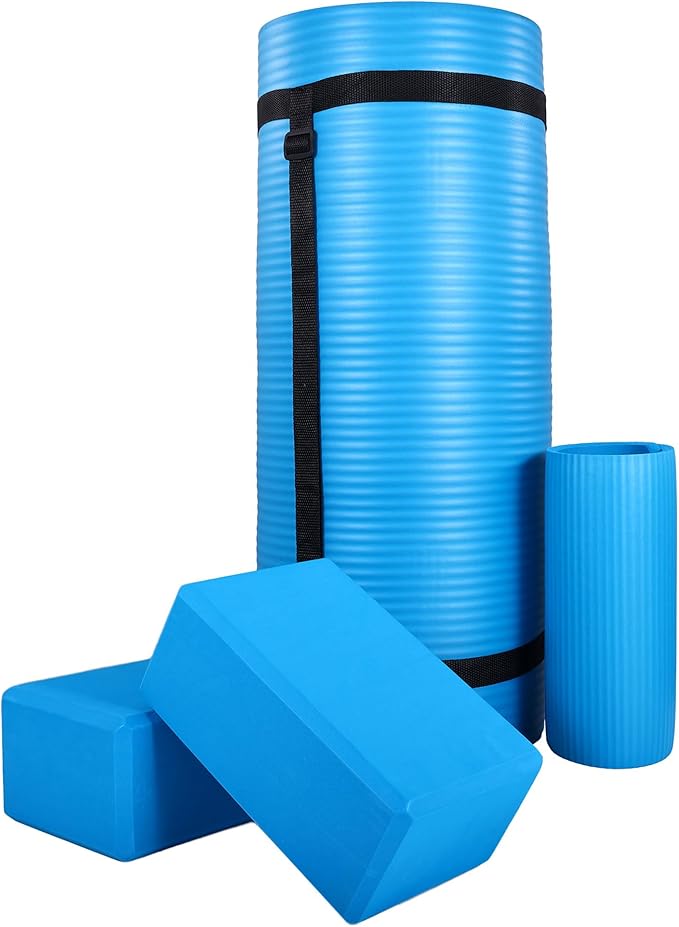 BalanceFrom 71x24 Inches Yoga Mat with Knee Pad and Optional Blocks – Extra 1-Inch Thick Non-Slip Foam with Anti-Tear Surface and Carrying Strap for Home, Studio, or Gym Workouts