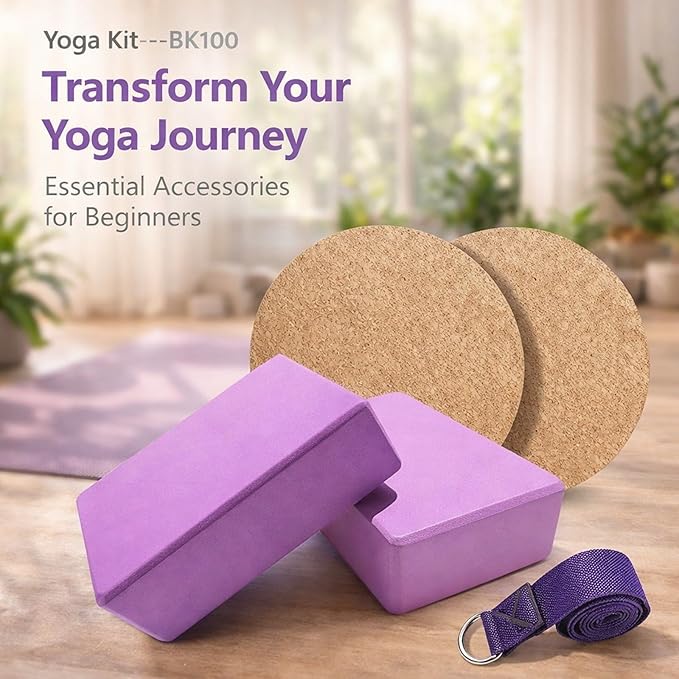 Yoga Equipment Set, 5pcs EVA Blocks, Cotton Strap, Knee Pads, Purple - Stability and Comfort, Non - slip Design, Ideal for Beginners and Pilates