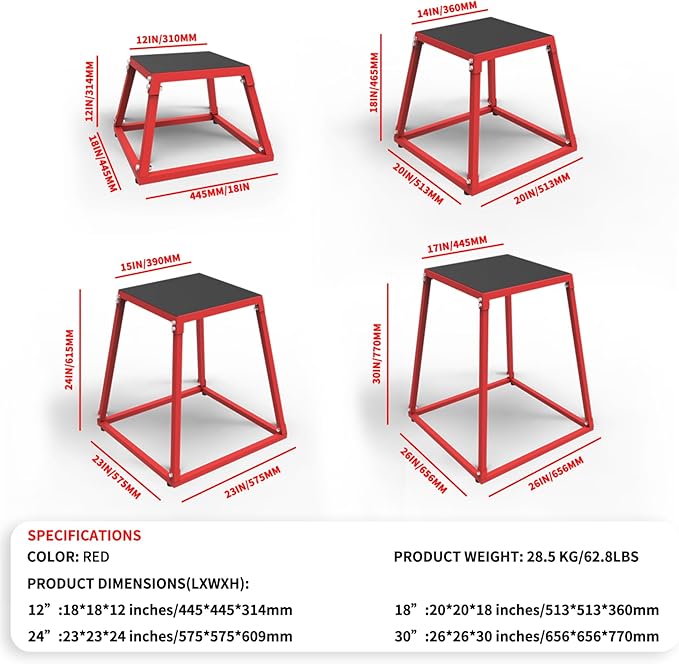 Steel Plyometric Jump Box, 12-30 Inch Anti-Slip Plyo Box with Textured Rubber Top, Jump Bench , Step Up Exercise Platform for Box Jumps, Step-Ups, Dips, and Push-Ups Targeting for Home Gym Workouts