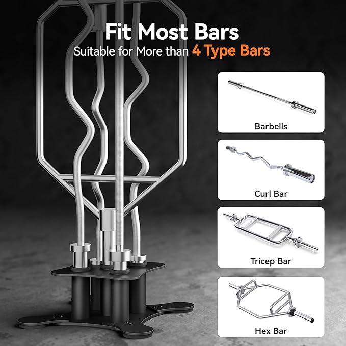 Vertical Barbell Storage Rack - 5-Bar Barbell Holder Floor Stand, 2-Inch Olympic/Curl Bar Compatible, with Protective Sleeve Inserts, Organizer for Home & Garage Gym