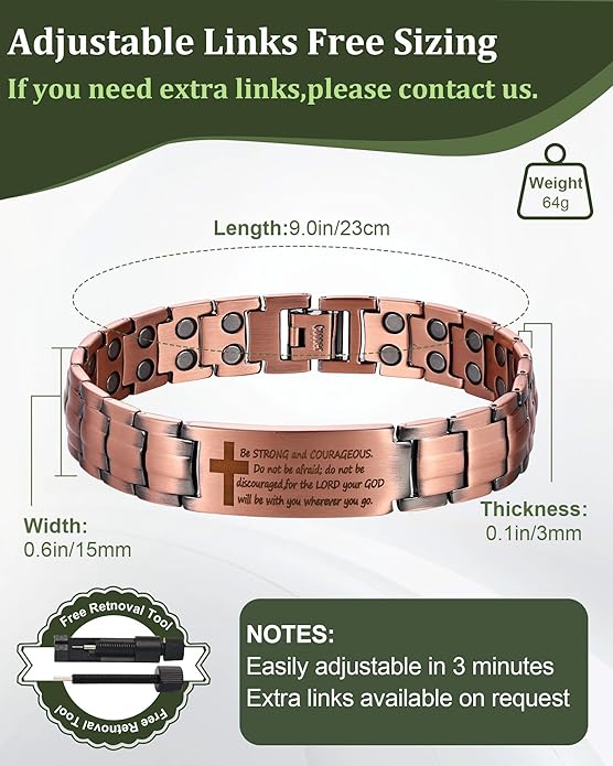 Copper Cross Bracelet for Men - Ultra Strength Magnetic Mens Cross Jewelry Set - Adjustable Magnetic Bracelet with Sizing Tool Jewelry Box