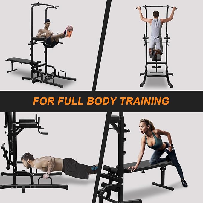Adjustable Power Tower Dip Station with Bench, Multi-Function Heavy Duty Pull Up Bar Stand, Home Gym Fitness Training Equipment for Strength Workouts