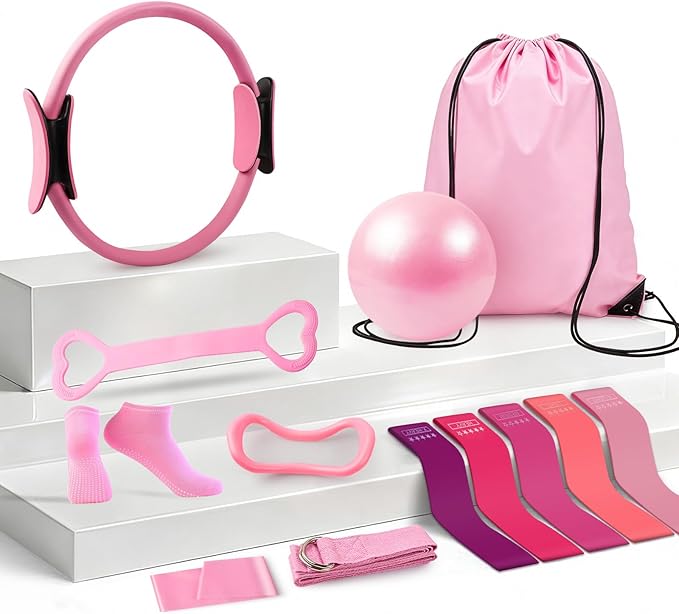 Home Pilates Essentials Kit for Women，Pilates Ring and Ball Magic Circle Booty Bands 8 Resistance Band Toning Fitness Essentials Starter Set Accessories(Pink)