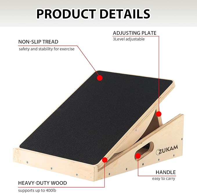 Multi-Function Wooden Slant Board & Balance Board, Adjustable Incline Board and Calf Stretcher,Stretch Board - Wide Anti-Slip Surface - Black