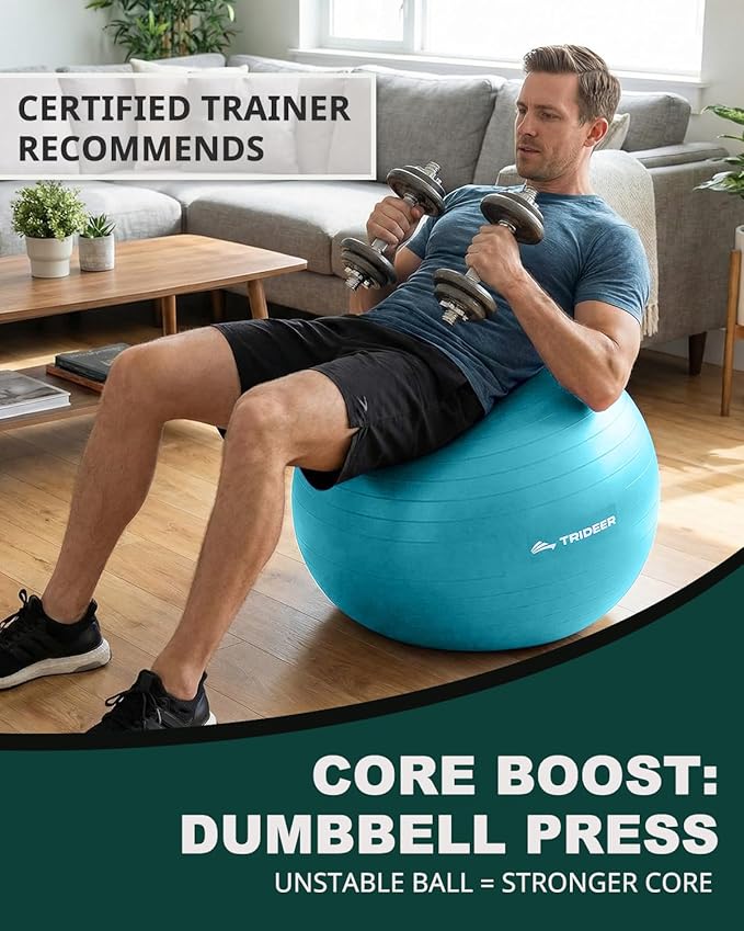 Trideer Exercise Ball for Yoga, Pilates & Fitness – Stability Ball Equipment for Home Gym & Office Chair, Core & Balance Training Accessories, Physical Therapy Equipment, Quick Pump Included, 5 Sizes