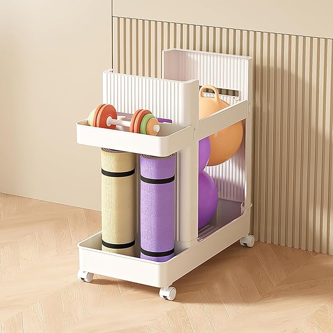 Home Gym Storage,2 Tiers Workout Equipment Organizer with Wheels Workout Equipment Storage Organizer Yoga Mat Storage Racks Home Gym Storage Rack for Yoga Mats, Foam Roller, Dumbbells