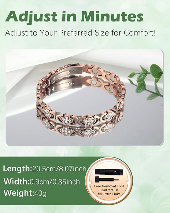 99% Pure Copper Bracelet, Copper Magnetic Bracelet & Ring for Women with Ultra Strength Neodymium Magnets, Clover Jewelry with Sparkling Cubic Zirconia