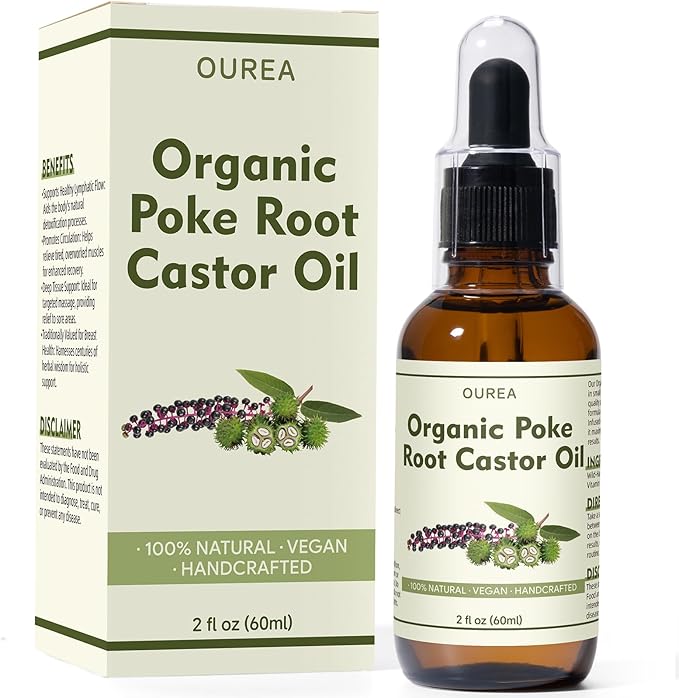 Organic Poke Root Castor Oil – 2 Fl Oz Natural Lymphatic Support Massage Oil, Soothing Relief for Cysts, Boils, Breast, Fibroids, Swollen Lymph Nodes & Joint – Deep Tissue Drops