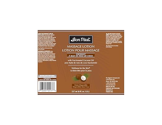 Bon Vital' Coconut Massage Lotion, 8 oz, Lightweight Formula with Pure Fractionated Coconut Oil, Professional Therapy Lotion, Hydrating and Unscented