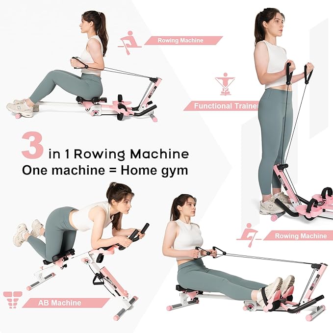 TOUSAINS 3 in 1 Ab Machine, Foldable Rowing Machine & Cable System, Core Trainer for Abdominal Workout, 4-Level Height & 2 Resistance Levels, All-in-One Home Gym Equipment for Weight Loss & Sculpting