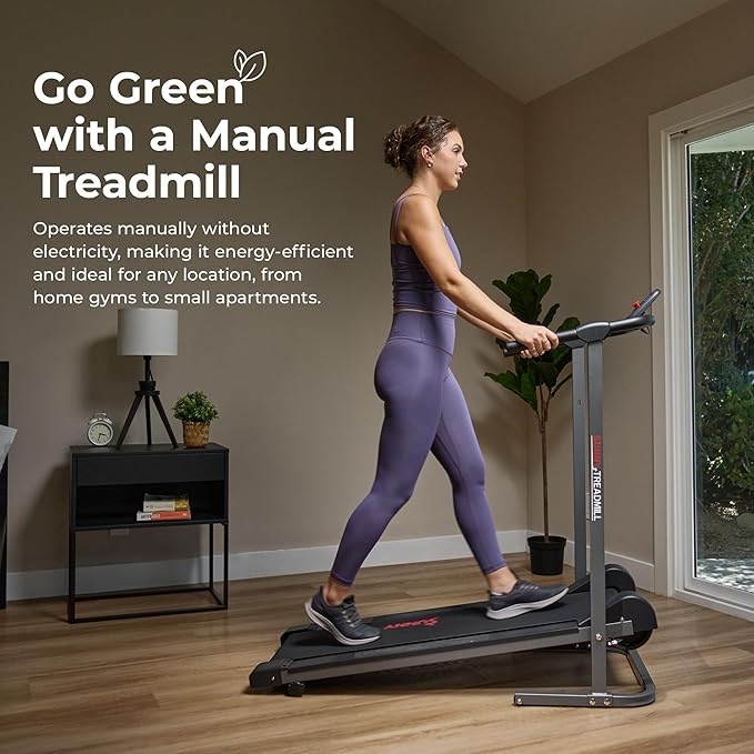 Sunny Health & Fitness Walking Pad Treadmill with Handle, Manual Compact Foldable Design Walking Running Non-Slip Surface Treadmill with Fixed Incline, LCD Monitor, Bluetooth Optional