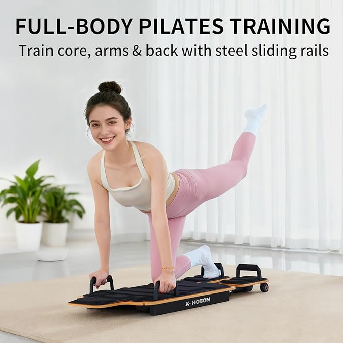 Pilates Board Reformer for Home Workout, Reformer Board, Glide Board, Sliding Rails, Maple Wood Deck & High-Strength Steel Rails, Adjustable Resistance Bands, PU Wheels, Quick Assembly