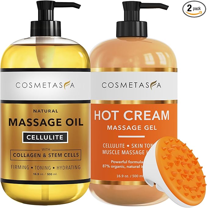 Cellulite Massage Oil, Gel & Mitt - Natural Hot Cream Massage Gel, Oil & Massager - Firm, Tone, Tighten & Moisturize Skin. Soothes Muscles (16.9 oz)