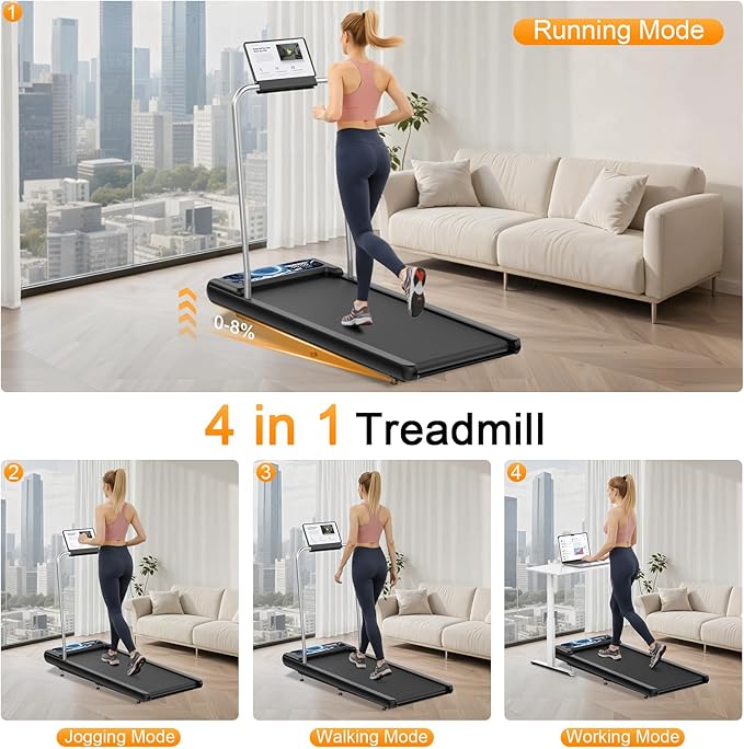 Treadmills for Home Small with 0%-8% Incline and APP Sync, Compact Under Desk Walking Treadmill Pad with Handle Bar Removable, Remote Control and LED Display, 2.5HP