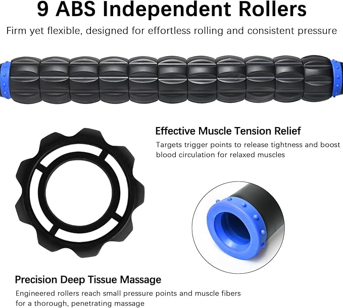Muscle Roller Massage Roller Stick- Deep Tissue Fascia Blaster for Myofascial Pain Relief, Lymphatic Drainage & Body Sculpting, Handheld Physical Therapy & Recovery Tool (Blue black-18 inch)