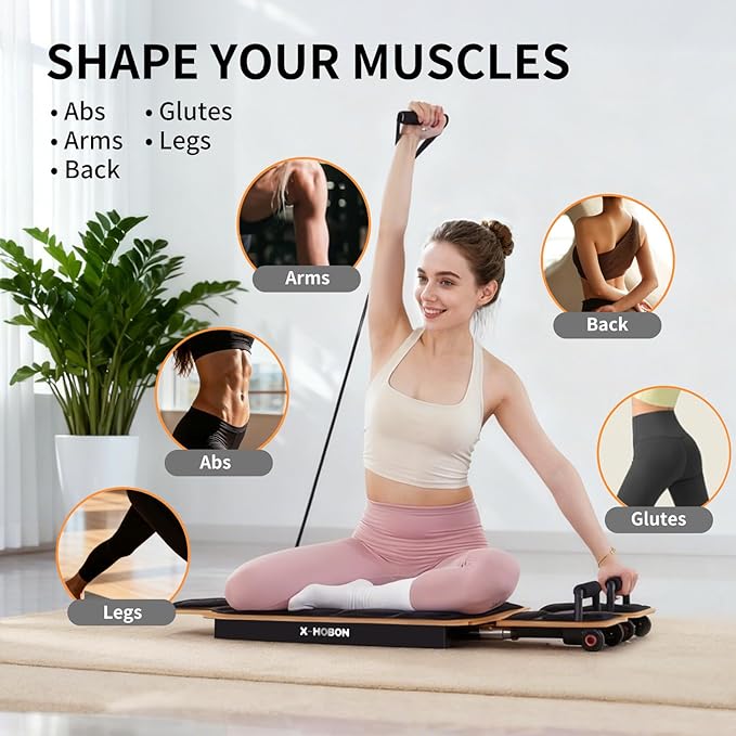 Pilates Board Reformer for Home Workout, Reformer Board, Glide Board, Sliding Rails, Maple Wood Deck & High-Strength Steel Rails, Adjustable Resistance Bands, PU Wheels, Quick Assembly