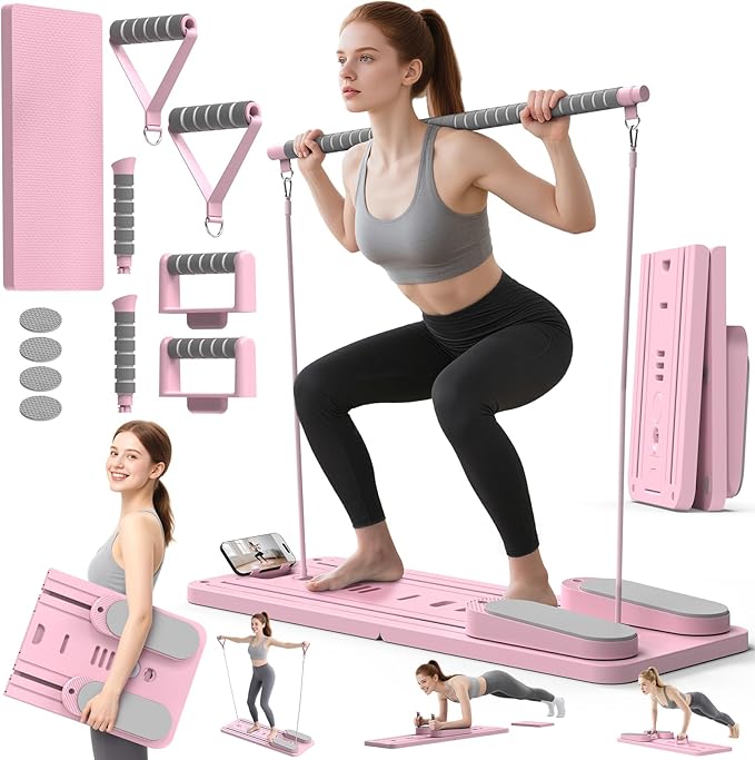 Multifunctional Pilates Board, Pilates Reformer Sets 7-in-1 Foldable Pilates Reformer Machine for Home Workout with Timer, Phone Holder, Push-up Bar, Ab Board, 330LBS Capacity Portable Set