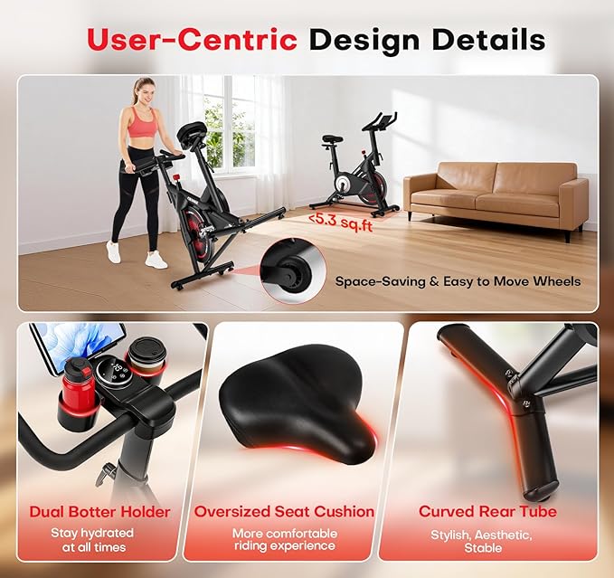 CHAOKE Exercise Bike, Quiet Adjustable Magnetic Stationary Bike for Home Cardio with App Compatible, 350LB Weight Capacity Indoor Cycling Bike with Large Seat, Dumbbell Rack, Pull Cords & LCD Display