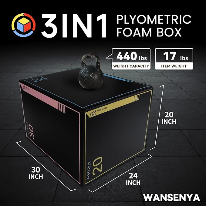 3-in-1 Dense Foam Plyometric Jump Box,30"x24"x20"-24"x20"x16"-20"x18"x16"Non-Slip Box Jumps for Home Gym,Exercise Foam Plyo Box for Fitness Training-Step-Ups,Split Squats,Dips,Box Jump Cube