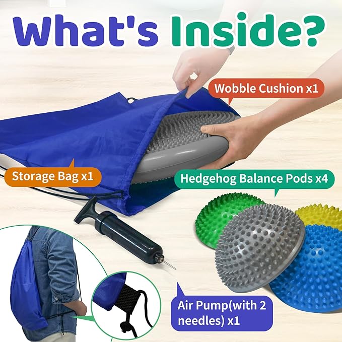 Wobble Cushion Set for Sensory Kids and Balance Training - Disc Plus 4 Pods, Board With Pump, Inflatable Stepping Pads for Adults