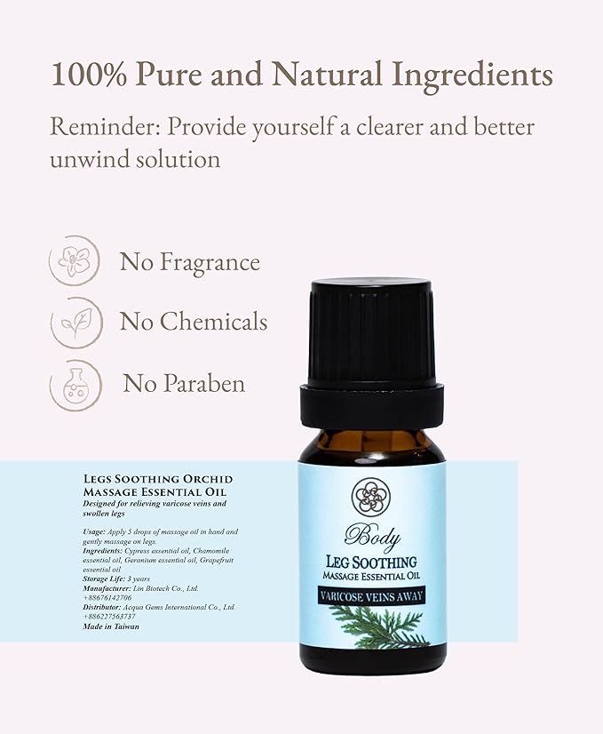 100% Organic Essential Oil, Jojoba Oil for Foot Massage, Veins Treatment, Home Care, Aromatherapy, Natural Ingredients - Cypress, Chamomile, Geranium, Grapefruit, 10ML