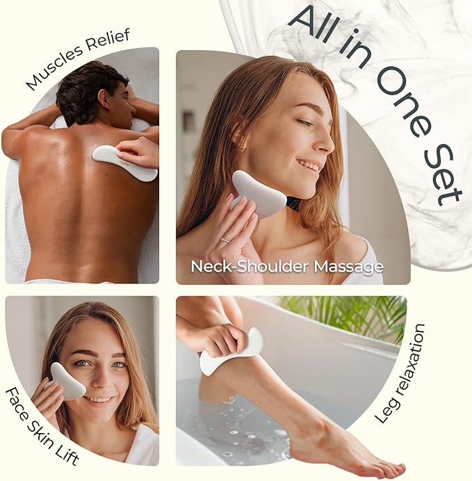 Scienlodic 2 Pcs Gua Sha Massage Tools for Face & Body (White, Resin) - Guasha Scraping Tool for Jawline Contouring, Puffiness Reduction, Neck, Shoulders, Arms & Calves Relaxation