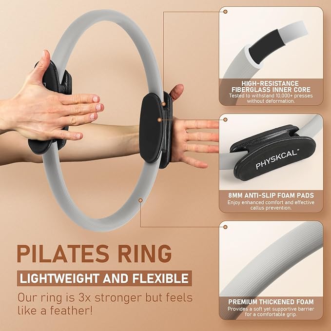 Pilates Ring, 15-Inch Magic Circle with Extra Thick Padded Handles, Pilates Equipment for Toning Inner Thighs, Arms and Strengthening Cores- Workout Guide Included