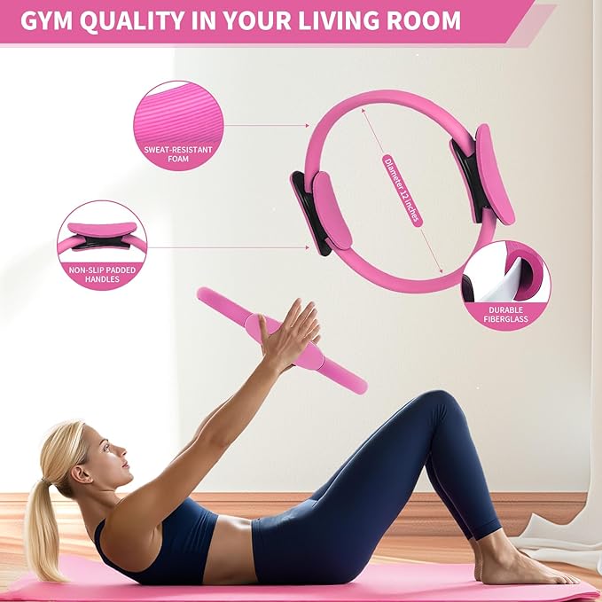 Pilates Kit for Women–13-Piece Beginner Home Pilates Set with 14" Pilates Ring, Mini Exercise Ball, 5-Level Resistance Bands, Yoga Socks, Stretch Strap&Carry Bag Full Body Toning&Core Training