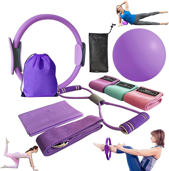 Home Workout Pilates Kit for Women, Better me Pilates Ring and Ball Set Essentials Equipment, with 5 Resistance Bands, Massager Roller, Yoga Starter Accessories for Toning Arms, Thighs & Core