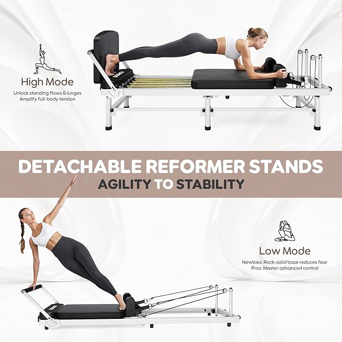 Pilates Reformer, 91" Foldable Reformer Pilates Machine with High & Low Mode, 3 in 1 Pilates Equipment for Home Use with Springs & Cords and Jumpboard