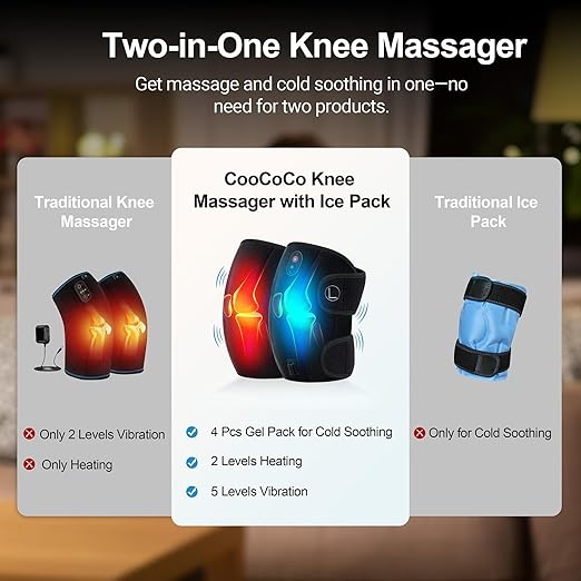 CooCoCo Knee Massager, Heated Knee Massager for Pain Relief, Heating Pad for Knee, Heated Knee Warmers Wrap, 2 Heating Levels, 5 Vibration Modes, 4 Cold Packs