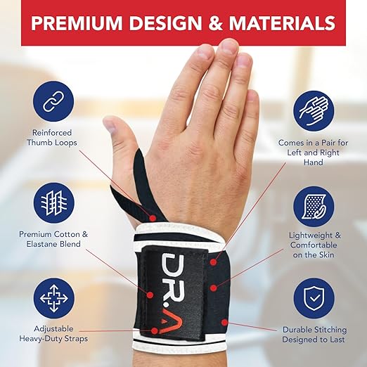 Dr. Arthritis Weight Lifting Wrist Wraps with Thumb Loop, Heavy-Duty Wrist Straps for Weightlifting, Hybrid Training, Olympic Lifts & Calisthenics, Non-Slip Gym Wraps for Men & Women (Black&White)