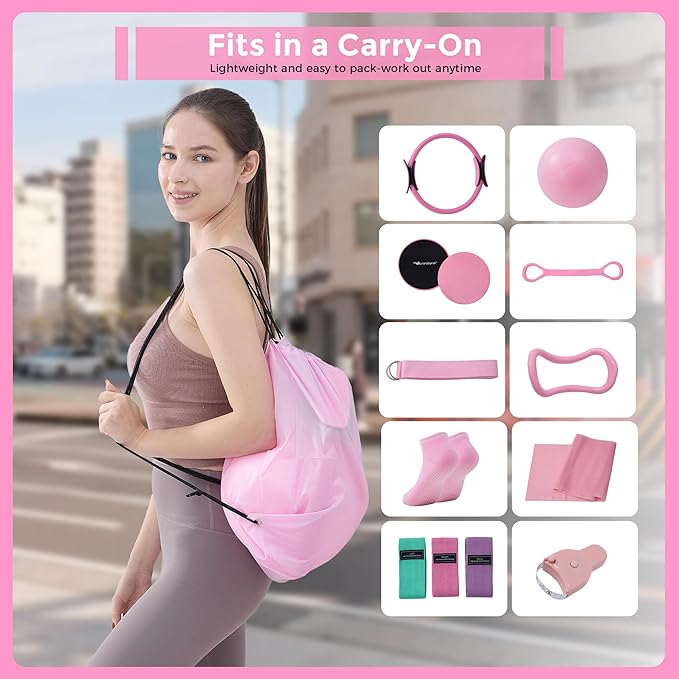 Pilates Equipment, Pilates Kit for Home Workouts, Pilates Ring and Ball Set for Women With 14.5" Pilates Ring, Ball, Resistance Bands, Sliders, Yoga Strap & Ring, Socks, Measure Tape, Stretch Band Bag