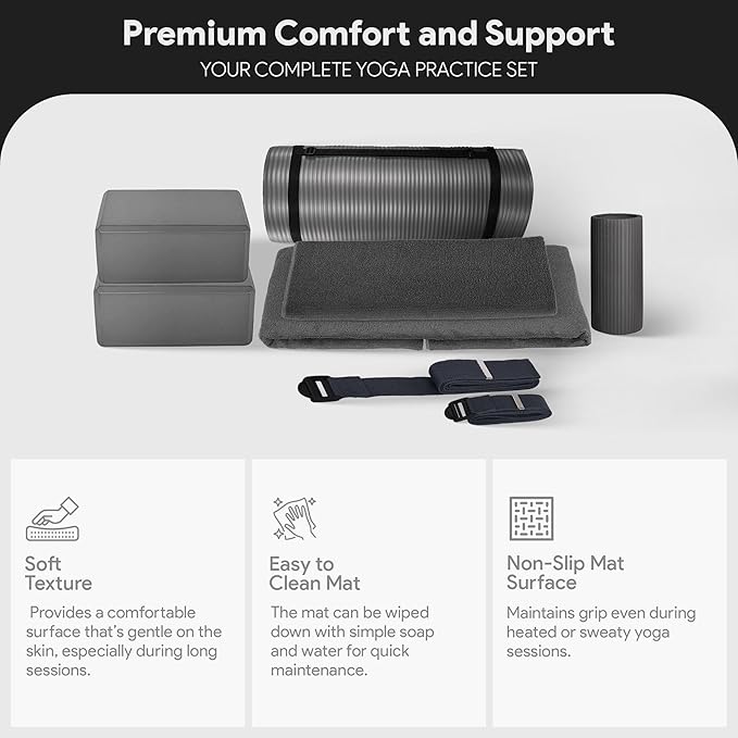BalanceFrom 7-Piece Yoga Set with 71x24x1 Inches Extra Thick Mat and Carrying Sling – Includes 2 Blocks, Stretch Strap, 2 Towels, and Knee Pad for Home, Studio, and Gym Workouts