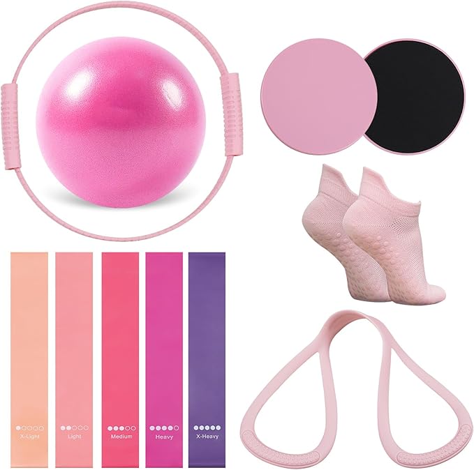 13 PCS Pilates Equipment Kit for Women,Pilates Ring and Ball Set with Resistance Bands,Core Sliders, Socks, Bag & Guide for Starter Home Workout Fitness Gym Essentials