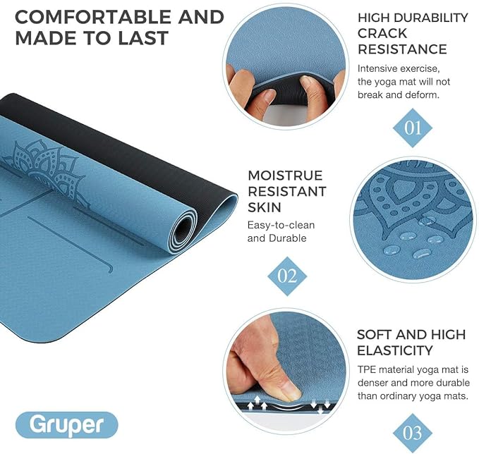 Gruper Yoga Mat Non Slip TPE Extra Wide Yoga Mat with Alignment Mark, 72"L x 32"W x 0.32"/0.24"Th (183cm x 80cm x 8mm/6mm), Anti-Tear Exercise Mat with Carrying Strap and Bag, Workout Mats for Yoga, Pilates