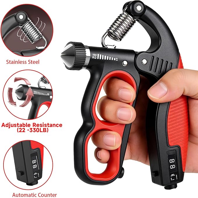 Hand Gripper Strengthener, 11-220LBs Adjustable Resistance Grip Strength Trainer with Counter, Forearm Exerciser for Injury Recovery and Muscle Building