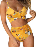 Womens Front Cross Ruched Bikini Set Twist Wrap Swimwear High Waisted Bottoms Print Straps Push Up Swimsuits