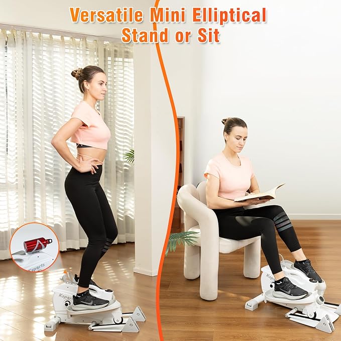 Ksports Mini Elliptical with Optional Handles & Seat, 3 Levels Manual Incline, Quiet Infinite Adjustable Magnetic Resistance, and LED Display – Joint-Friendly and Versatile Design